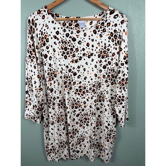 Chico's Blouse Womens Size 2 Large White Leopard Cheetah Animal Print 3/4 Sleeve - Picture 8 of 10